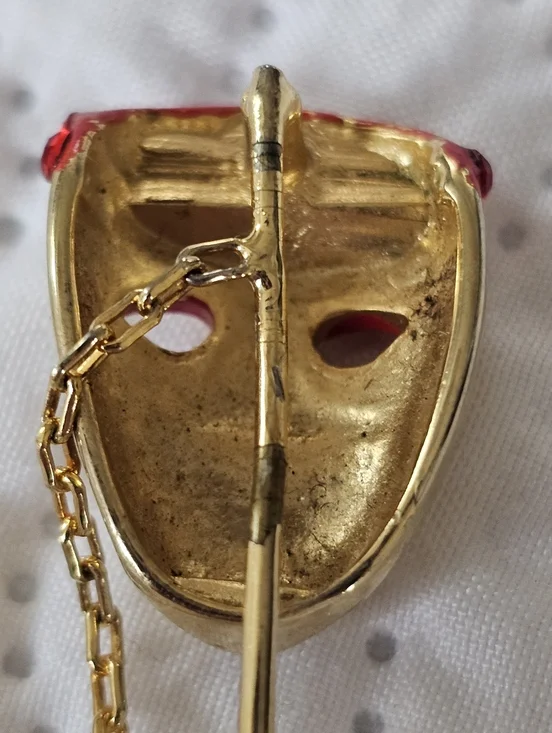 Vintage Gold Tone Comedy Tragedy Mask Stick Pin Red And Gold, 2.5" Theatercore - Picture 4 of 8